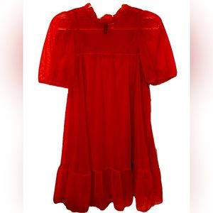 Red Mesh Puff Sleeve Dress